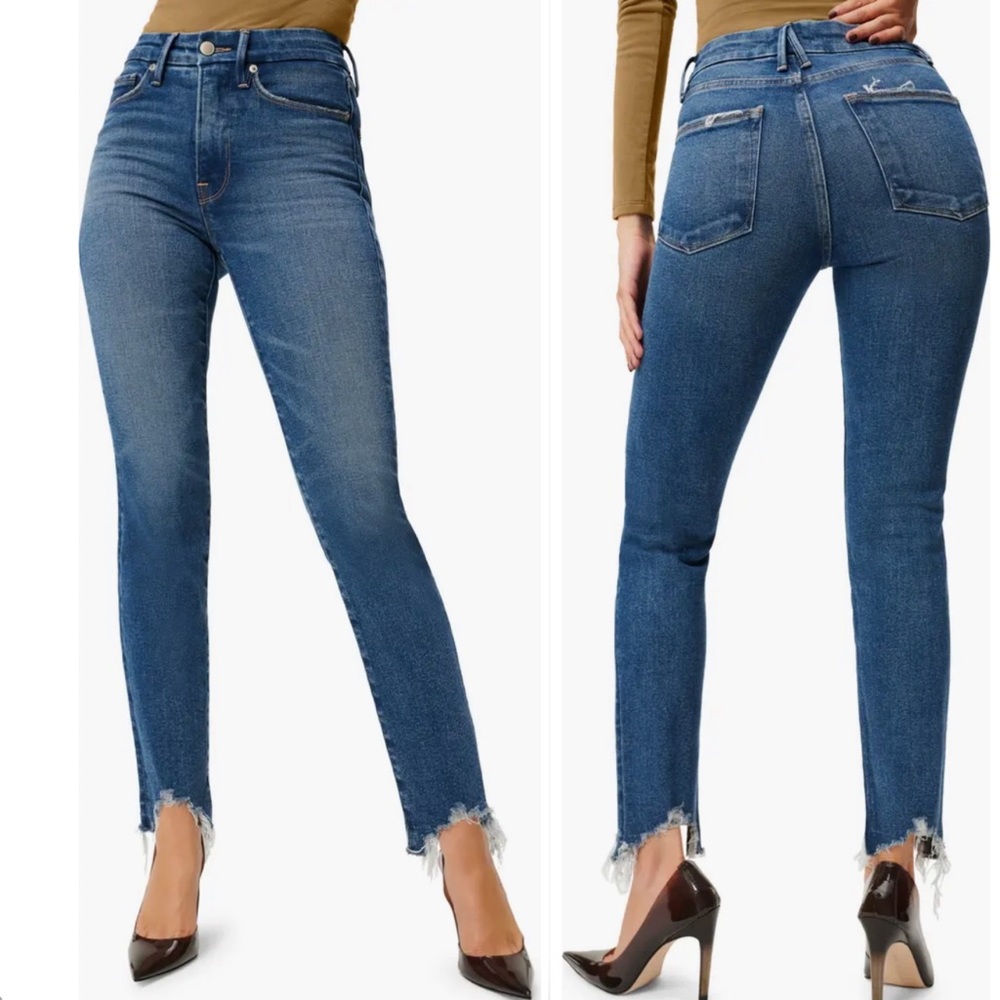 • Good American • Good Legs High Waist Chew Hem Ankle Cigarette Jeans Blue842